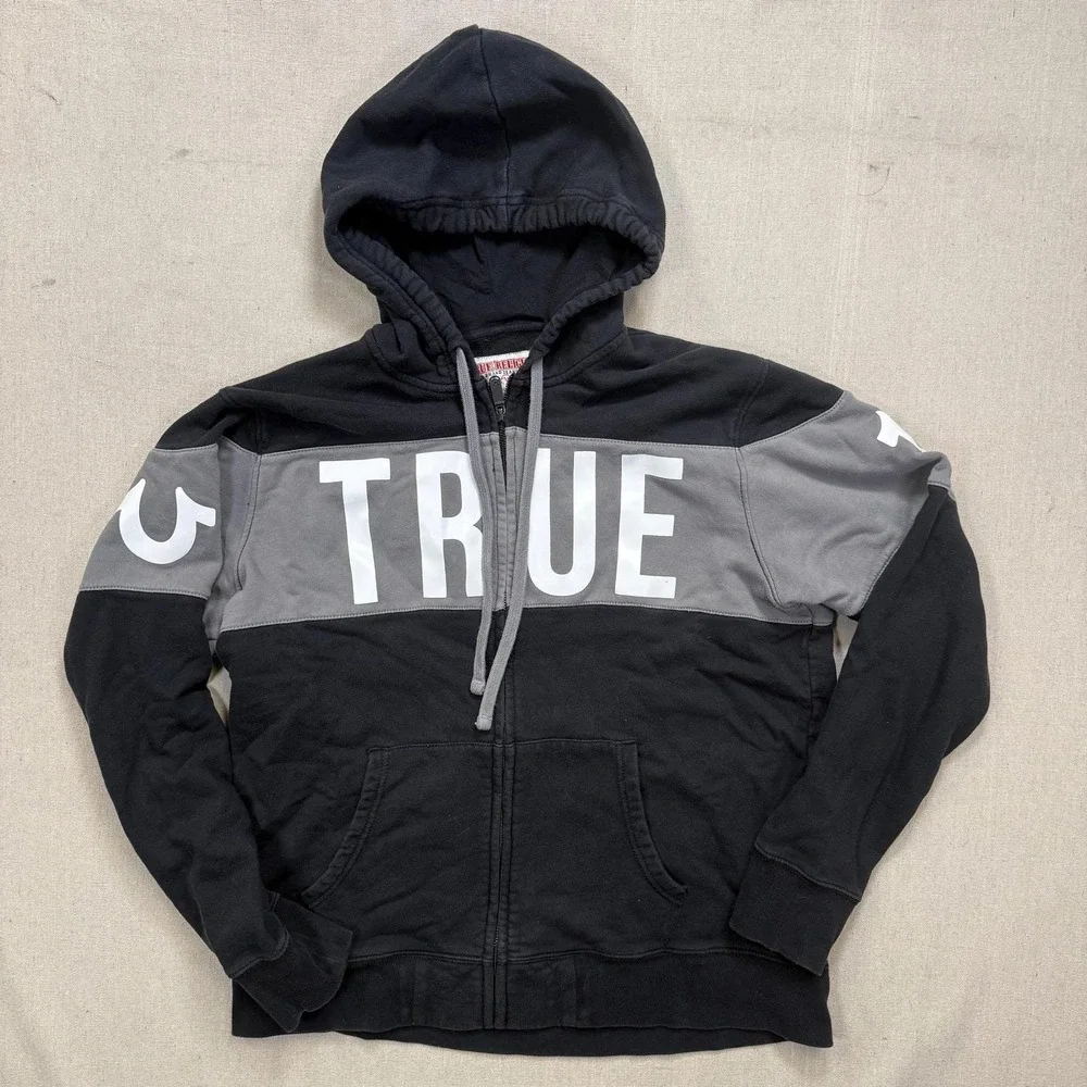 True Religion Zip Up Hoodie Graphic‎ Logo Black Grey Men's L Tagged Women's 2XL